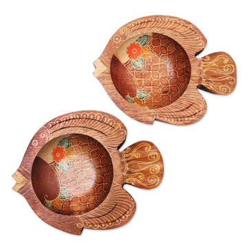 2 Fish-Shaped Decorative Wood Batik Bowls - Java Fish