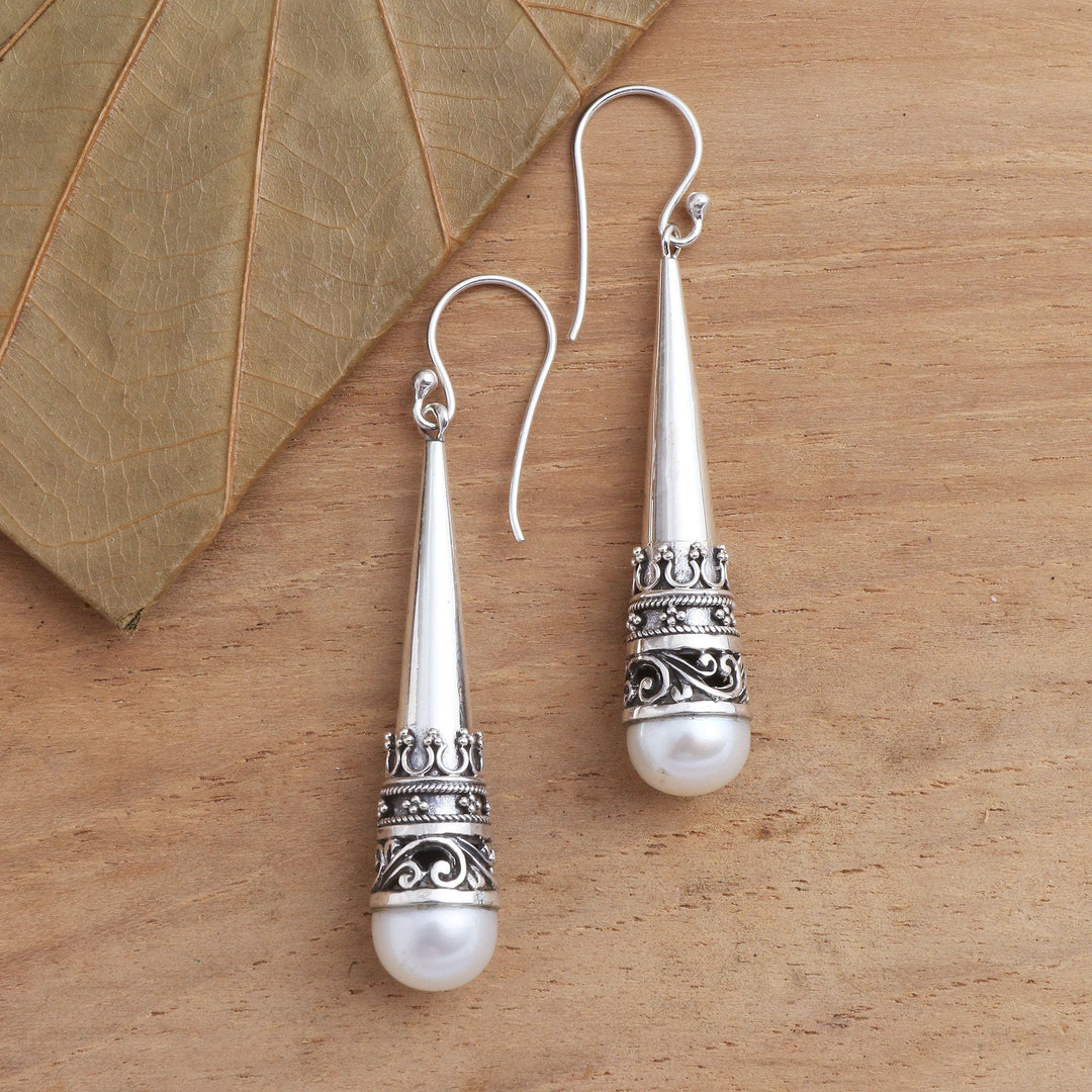 Sterling Silver Cone Dangle Earrings with Cultured Pearl - Bali Cornet