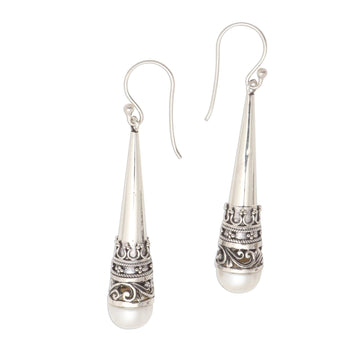 Sterling Silver Cone Dangle Earrings with Cultured Pearl - Bali Cornet