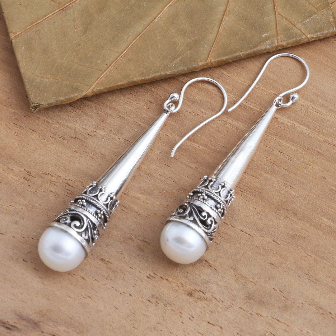 Sterling Silver Cone Dangle Earrings with Cultured Pearl - Bali Cornet