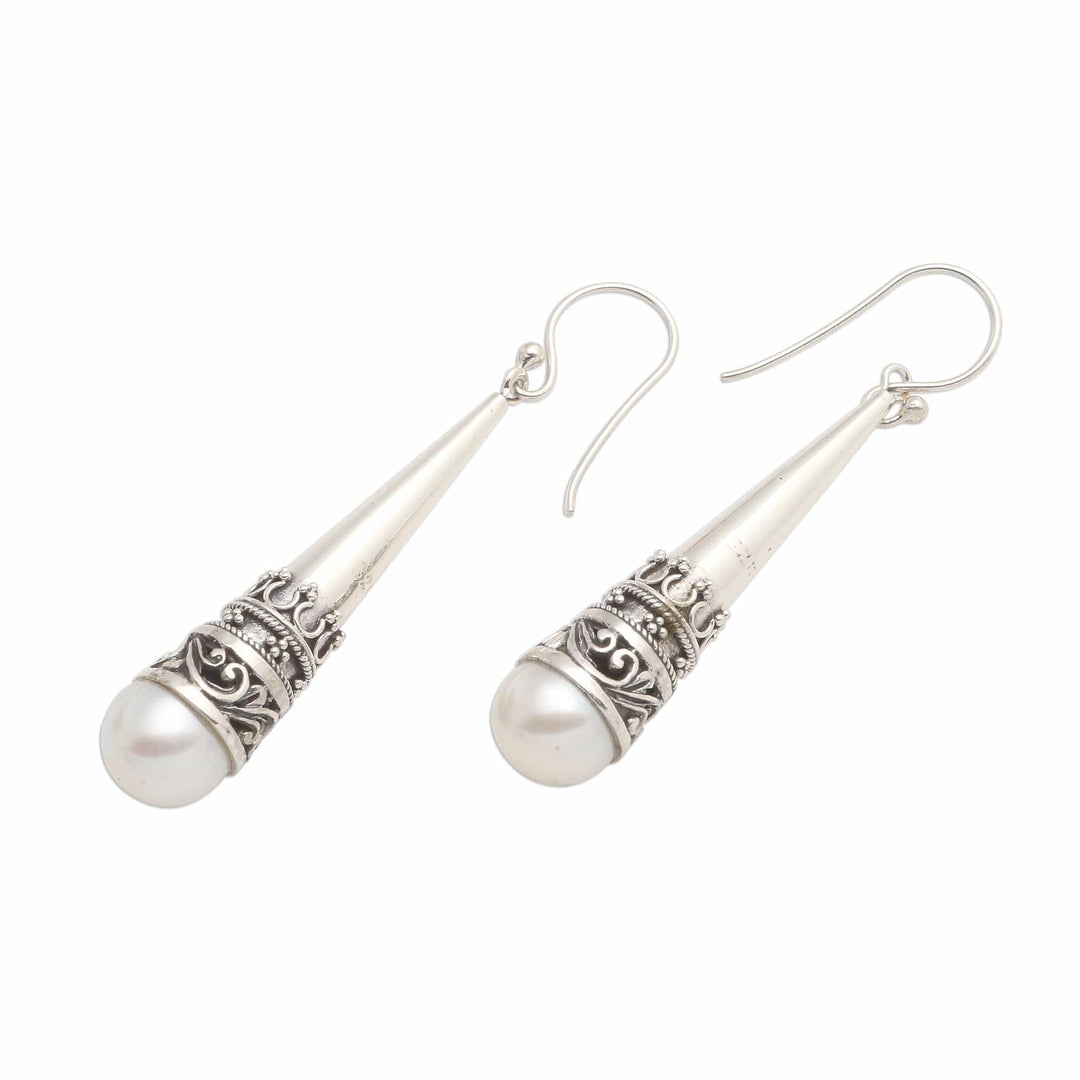 Sterling Silver Cone Dangle Earrings with Cultured Pearl - Bali Cornet