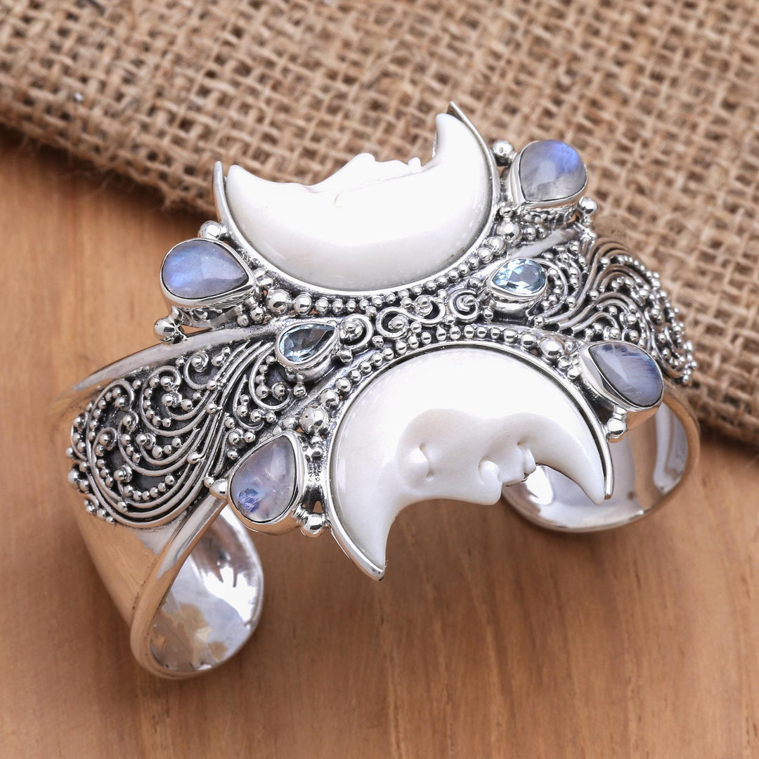 Rainbow Moonstone and Blue Topaz Cuff Bracelet - Moon Duo