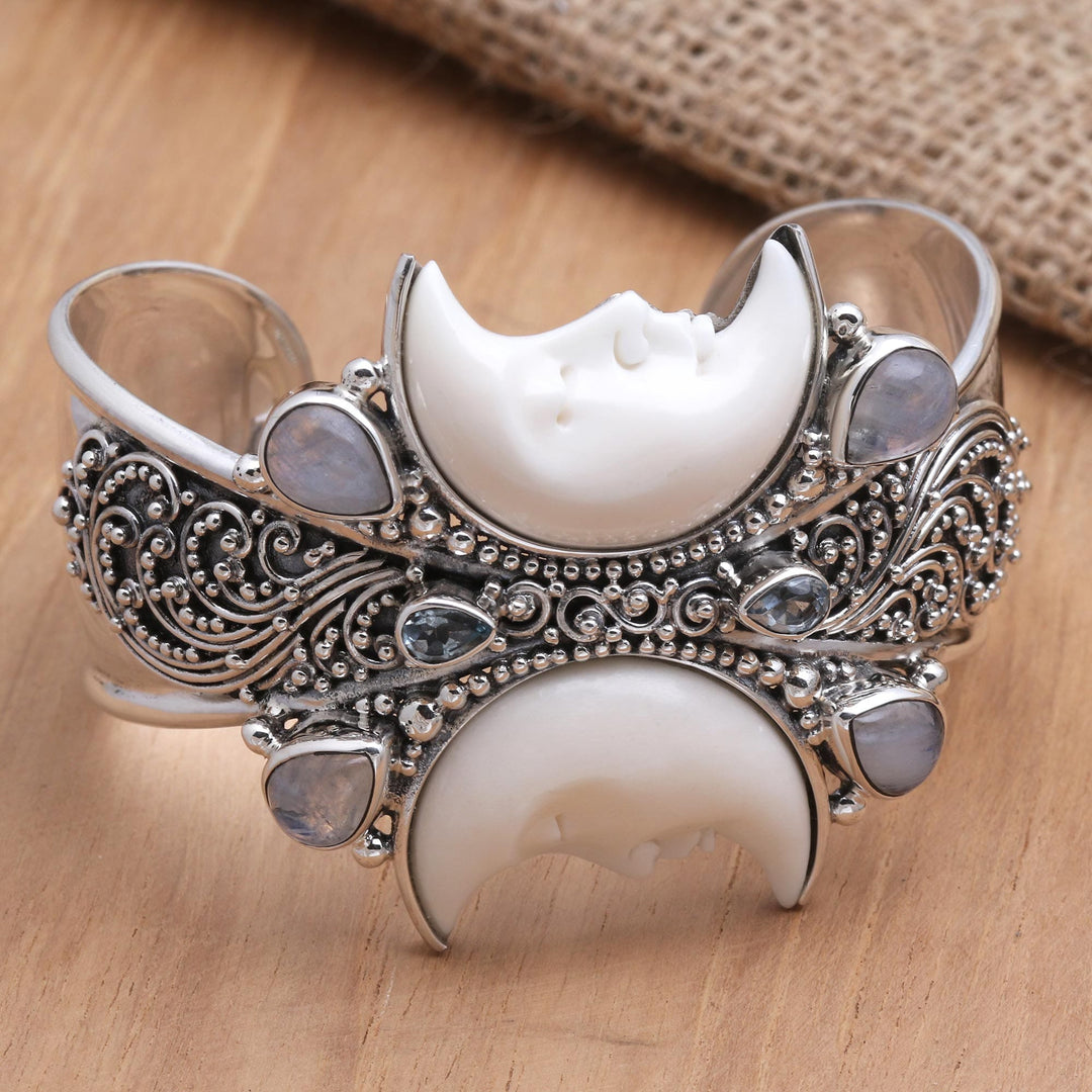Rainbow Moonstone and Blue Topaz Cuff Bracelet - Moon Duo