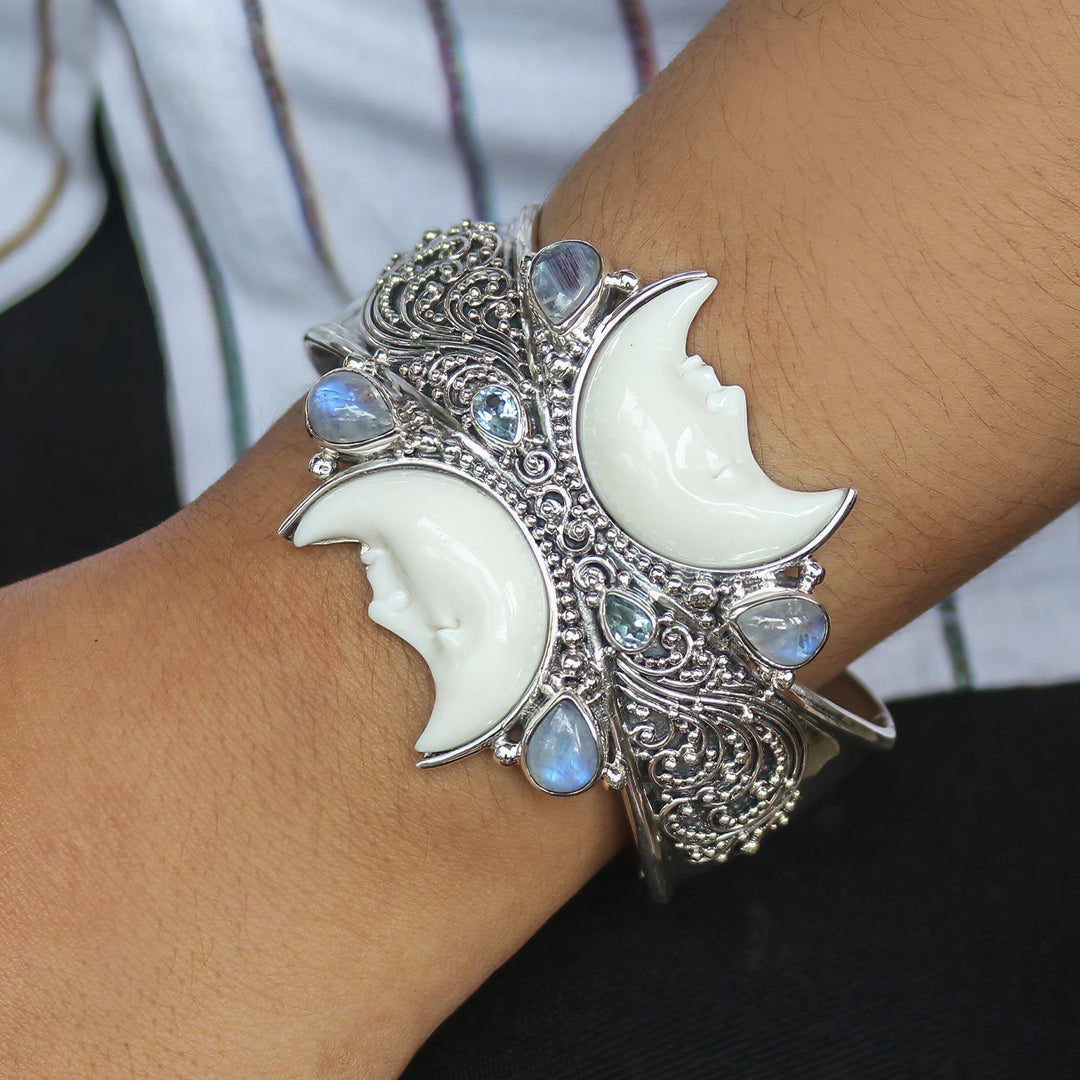 Rainbow Moonstone and Blue Topaz Cuff Bracelet - Moon Duo