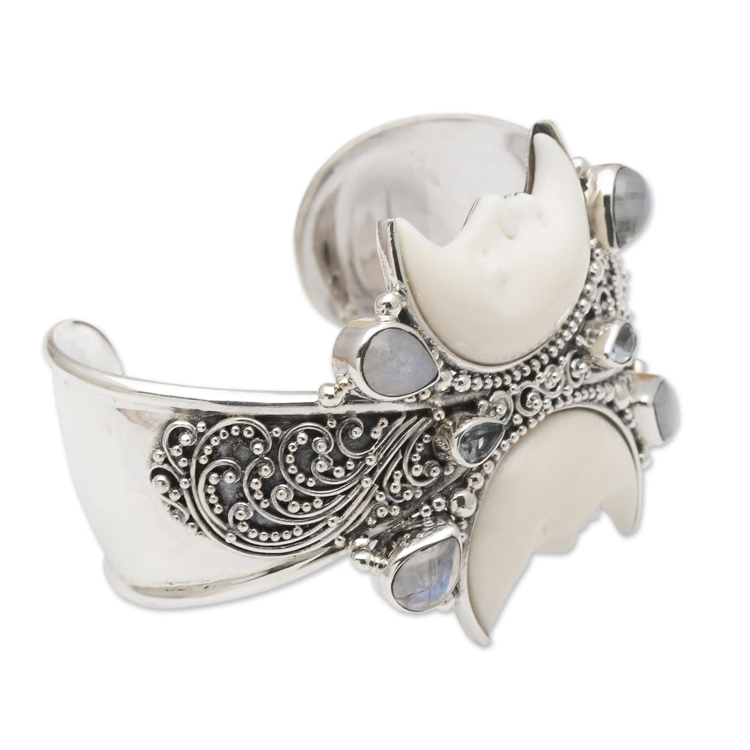 Rainbow Moonstone and Blue Topaz Cuff Bracelet - Moon Duo