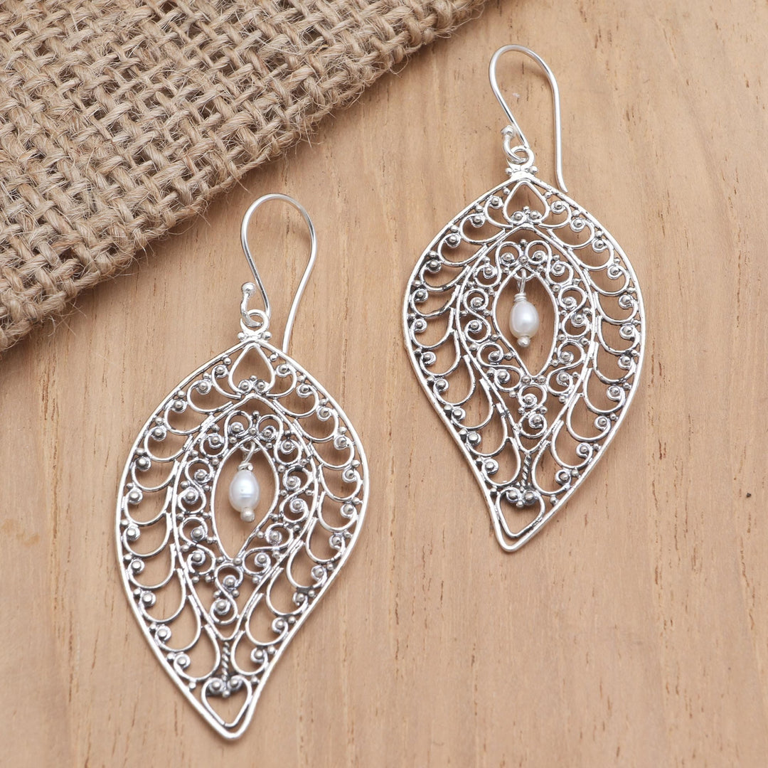 Sterling Silver and Cultured Pearl Dangle Earrings - Miana Leaves