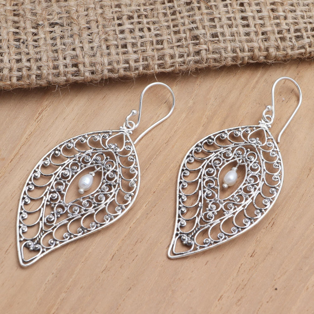 Sterling Silver and Cultured Pearl Dangle Earrings - Miana Leaves