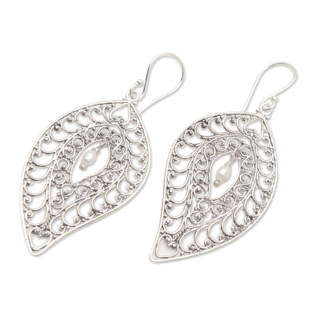 Sterling Silver and Cultured Pearl Dangle Earrings - Miana Leaves