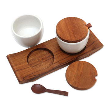 Ceramic and Teak Wood Condiment Set - Flavor Duo in White