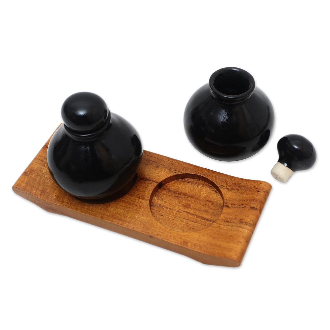 Handmade Black Ceramic and Teak Wood Bathroom Set - Splendid Bath in Black