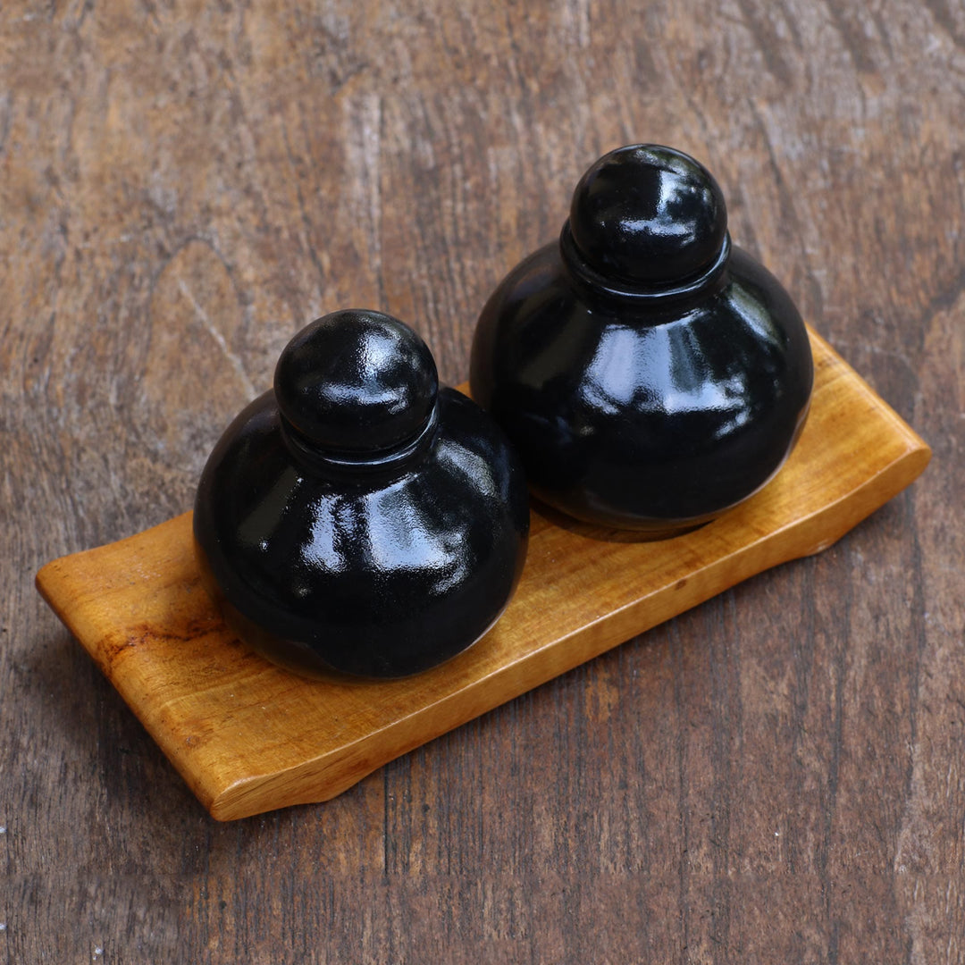 Handmade Black Ceramic and Teak Wood Bathroom Set - Splendid Bath in Black