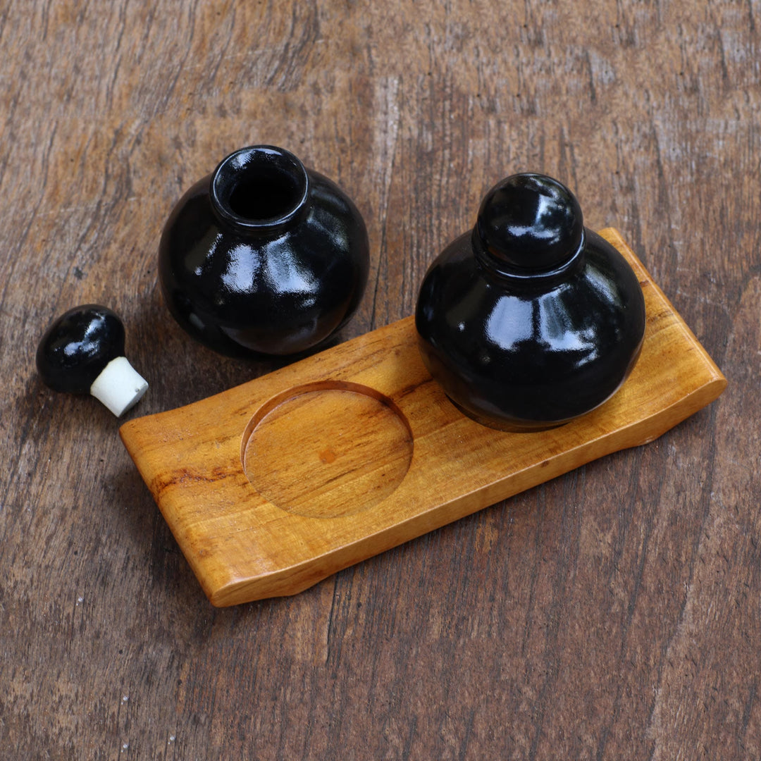 Handmade Black Ceramic and Teak Wood Bathroom Set - Splendid Bath in Black