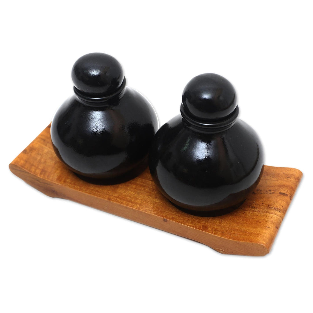 Handmade Black Ceramic and Teak Wood Bathroom Set - Splendid Bath in Black