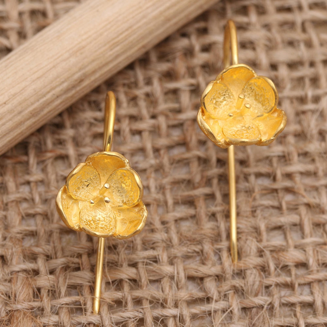 Gold-Plated Drop Earrings - Pansy Flower