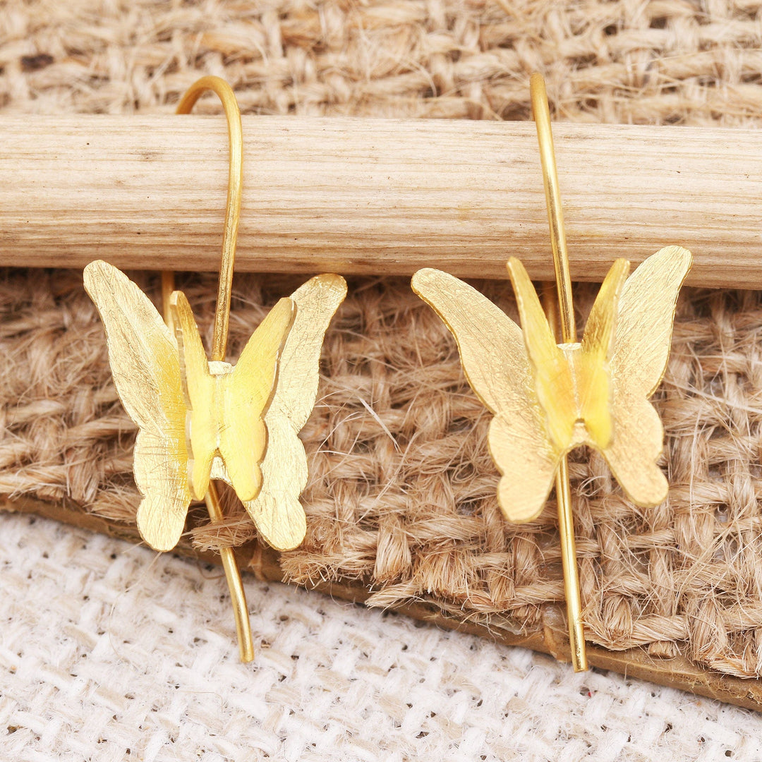 Gold-Plated Butterfly-Motif Drop Earrings - Shimmering Butterfly