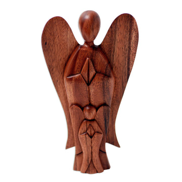 Handcrafted Suar Wood Angel Sculpture - Mother and Child Angels