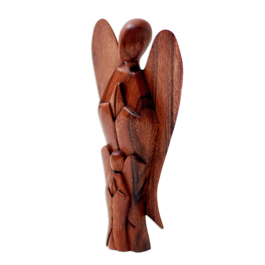 Handcrafted Suar Wood Angel Sculpture - Mother and Child Angels