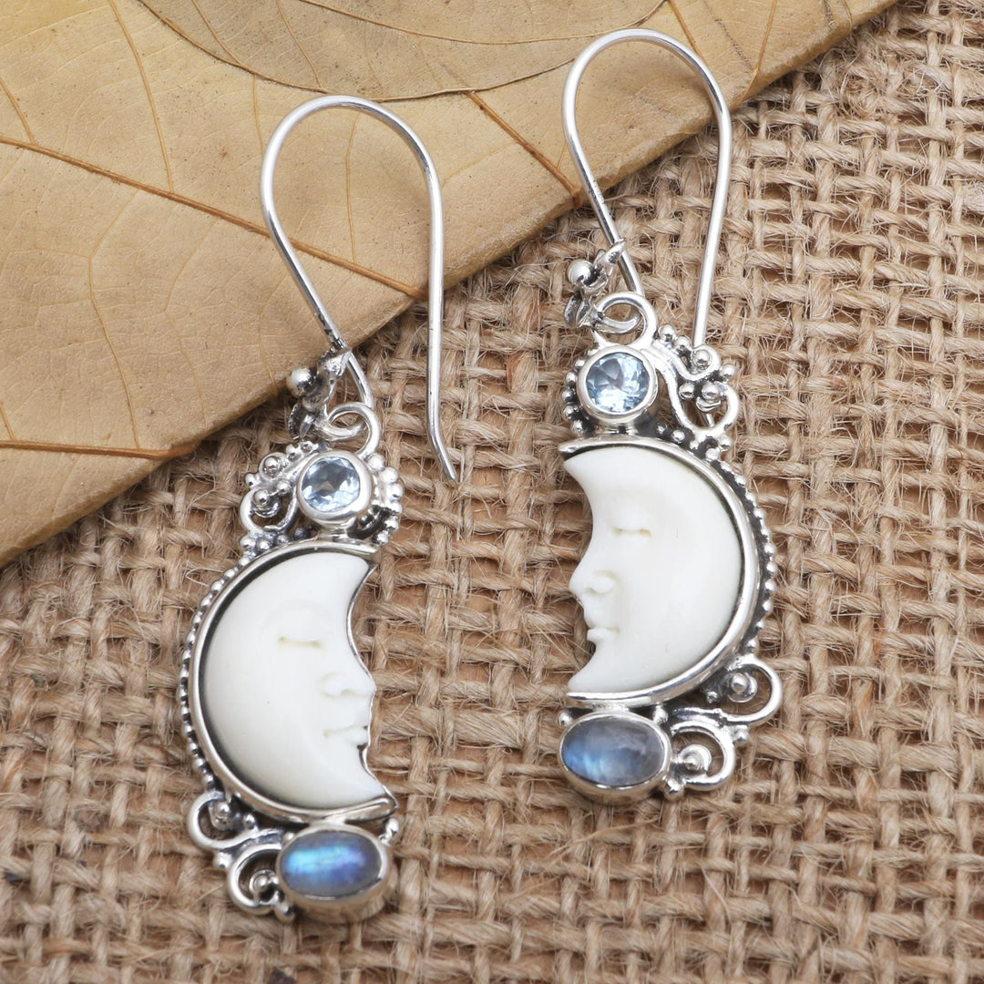 Blue Topaz and Rainbow Moonstone Earrings - Blue Light