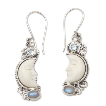 Blue Topaz and Rainbow Moonstone Earrings - Blue Light