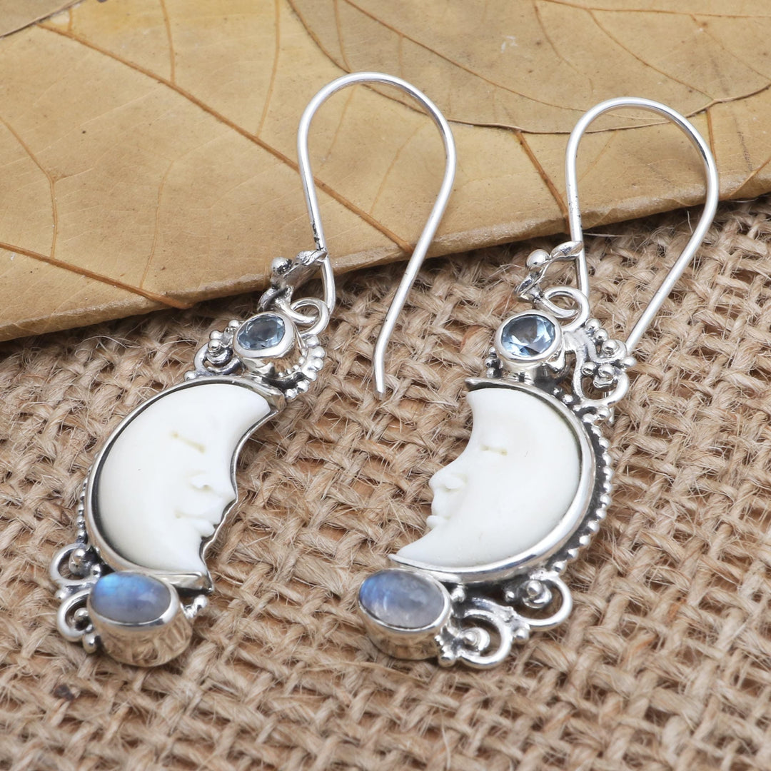 Blue Topaz and Rainbow Moonstone Earrings - Blue Light