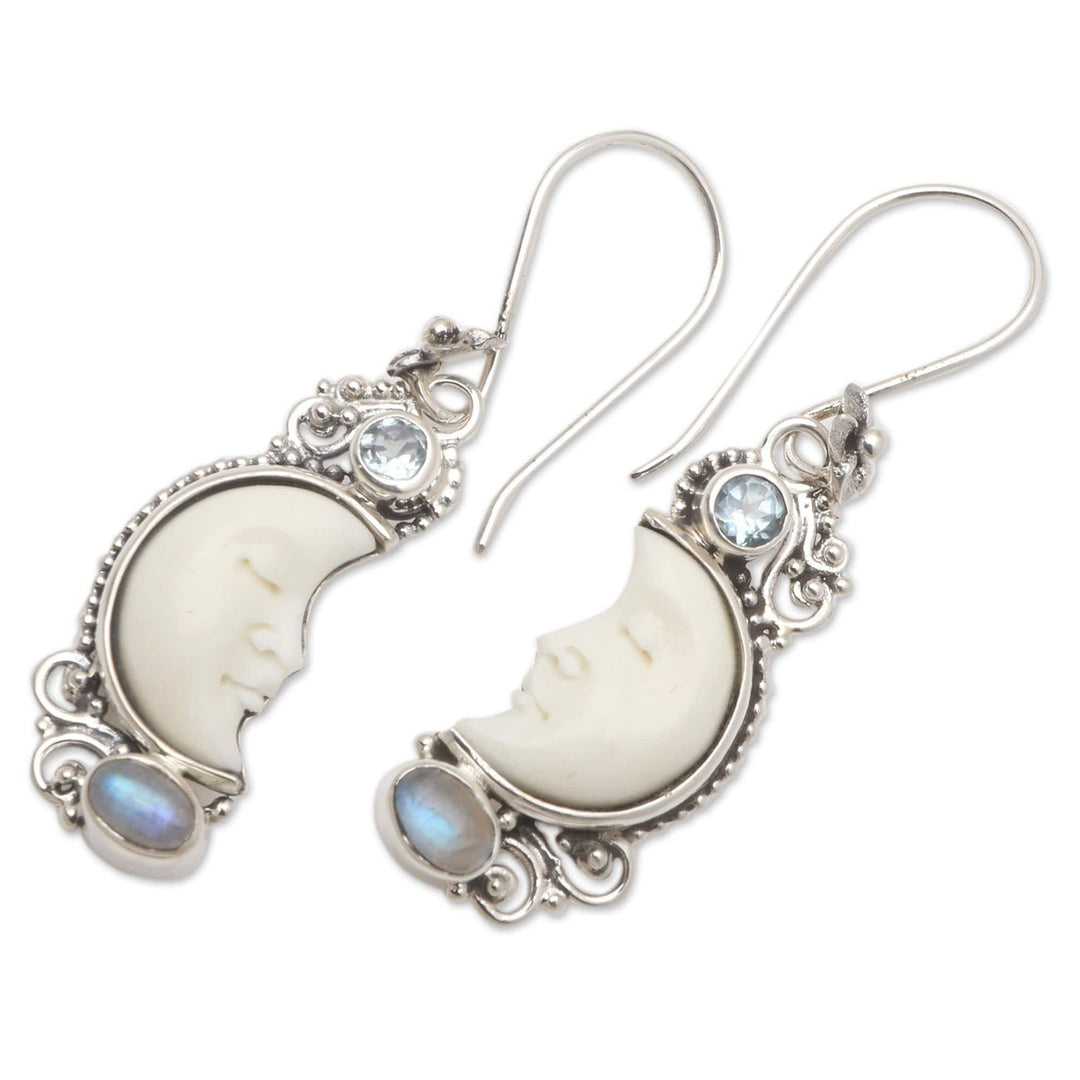 Blue Topaz and Rainbow Moonstone Earrings - Blue Light