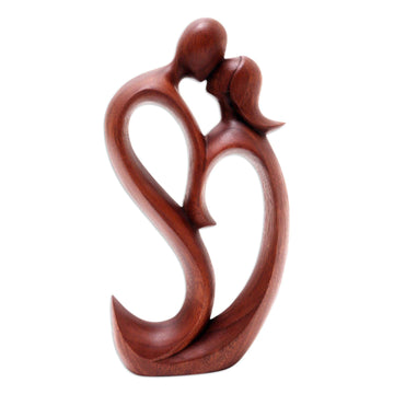 Hand Carved Romantic Suar Wood Statuette - We Kiss Forever