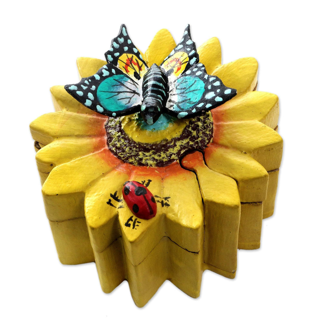 Handmade Sunflower Suar Wood Jewelry Box - Garden Friends