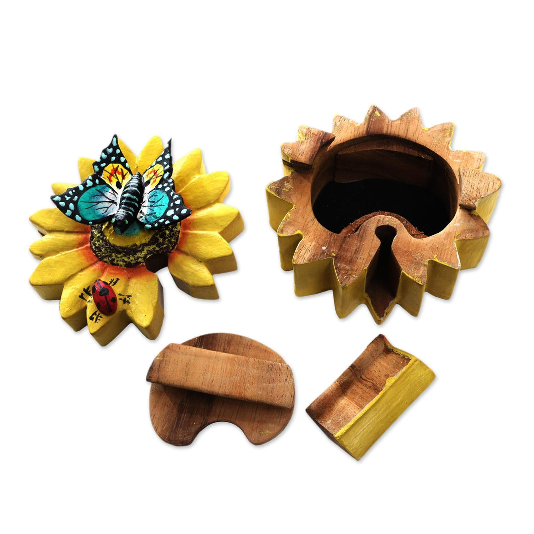 Handmade Sunflower Suar Wood Jewelry Box - Garden Friends