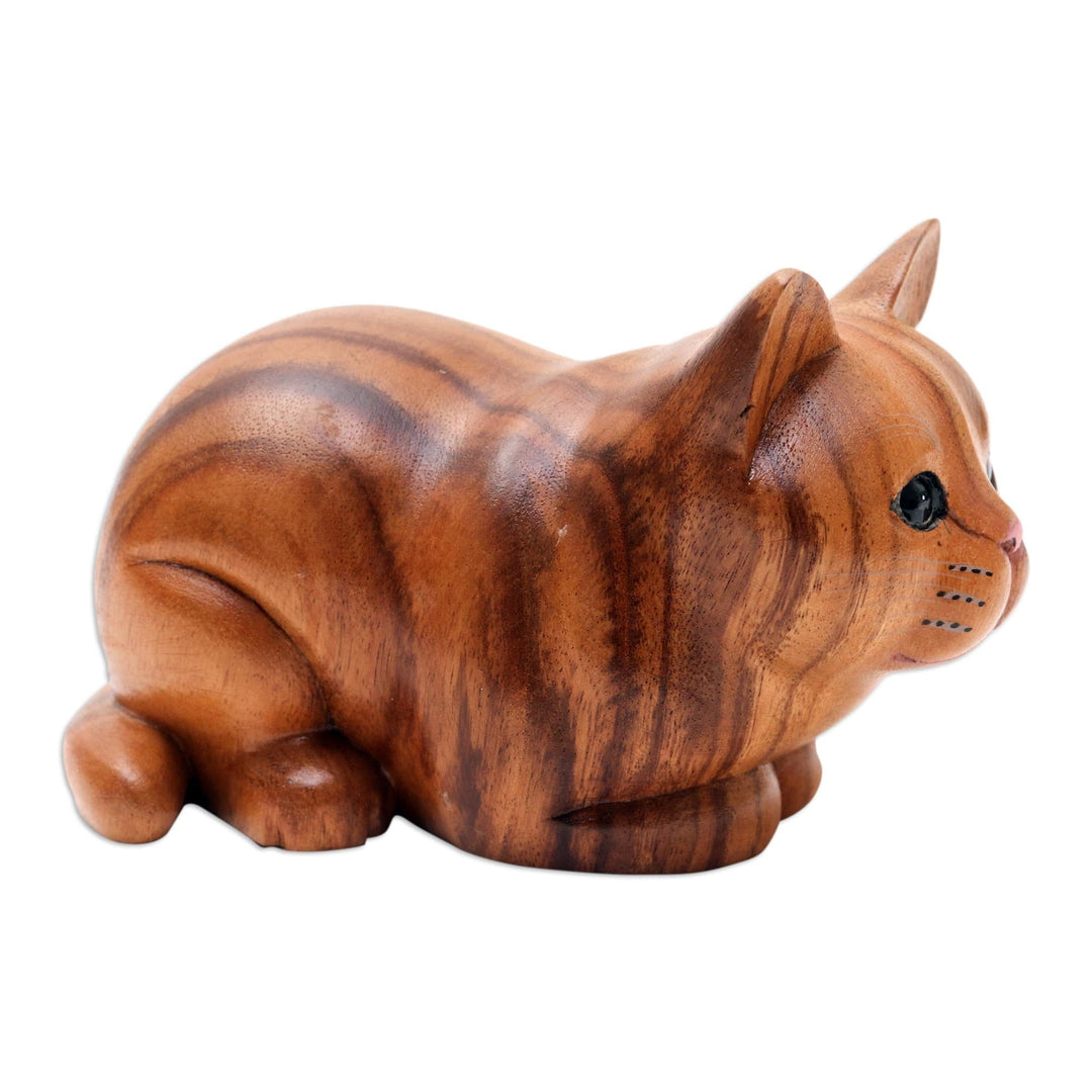 Hand Painted Suar Wood Cat Statuette - Lazy Cat