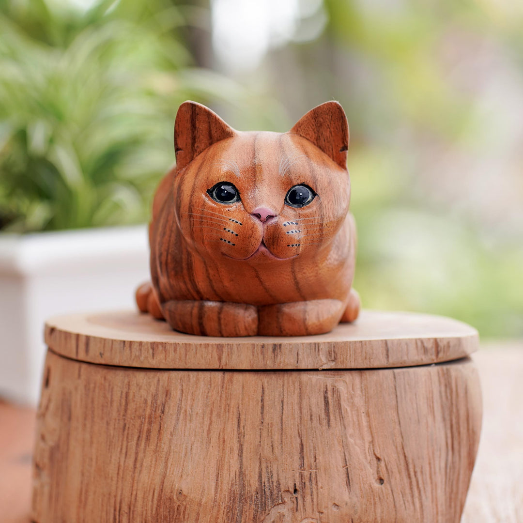 Hand Painted Suar Wood Cat Statuette - Lazy Cat