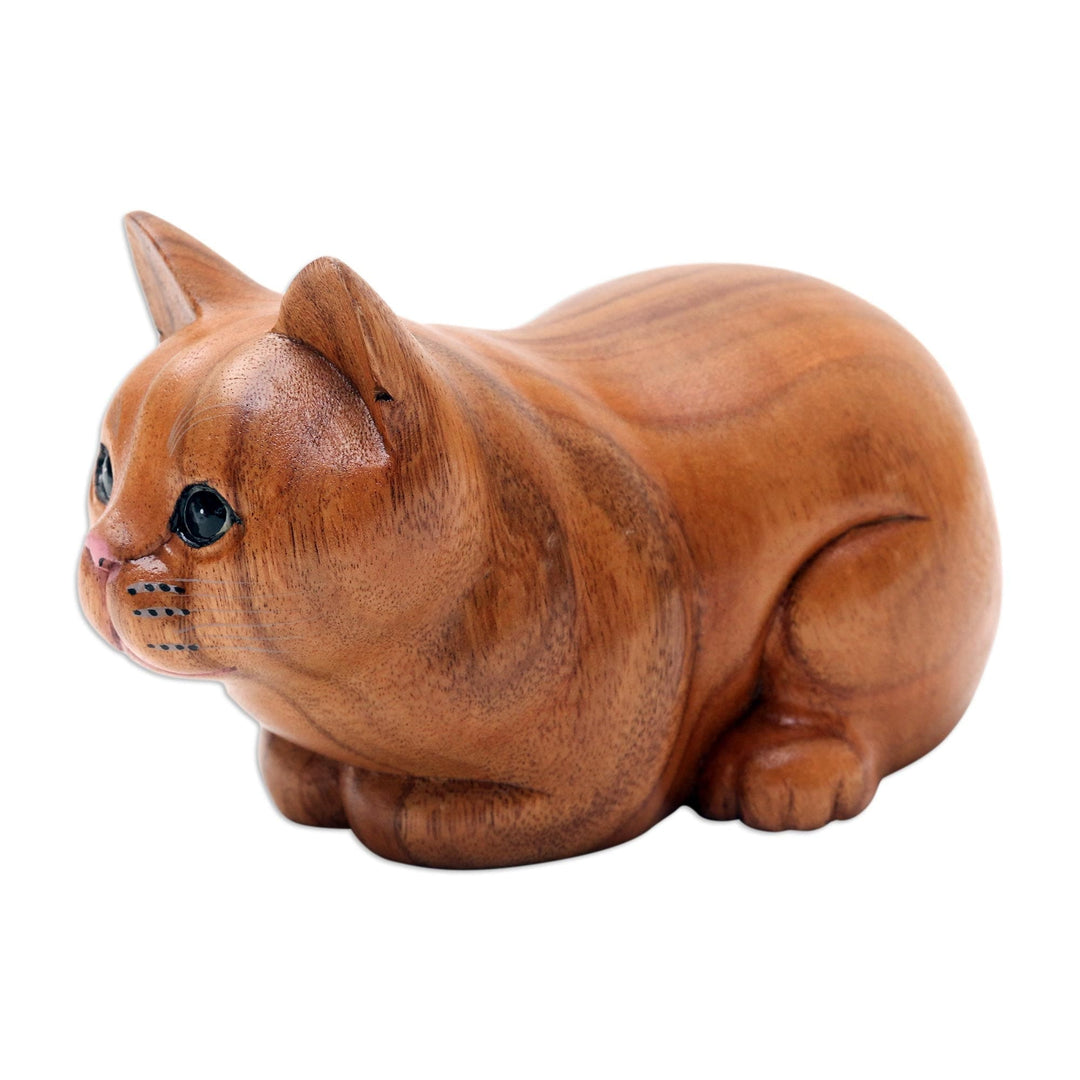 Hand Painted Suar Wood Cat Statuette - Lazy Cat