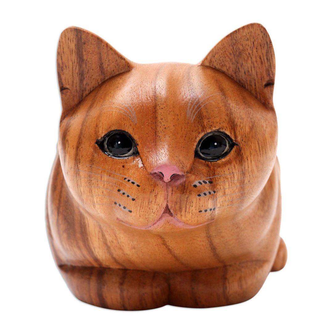 Hand Painted Suar Wood Cat Statuette - Lazy Cat