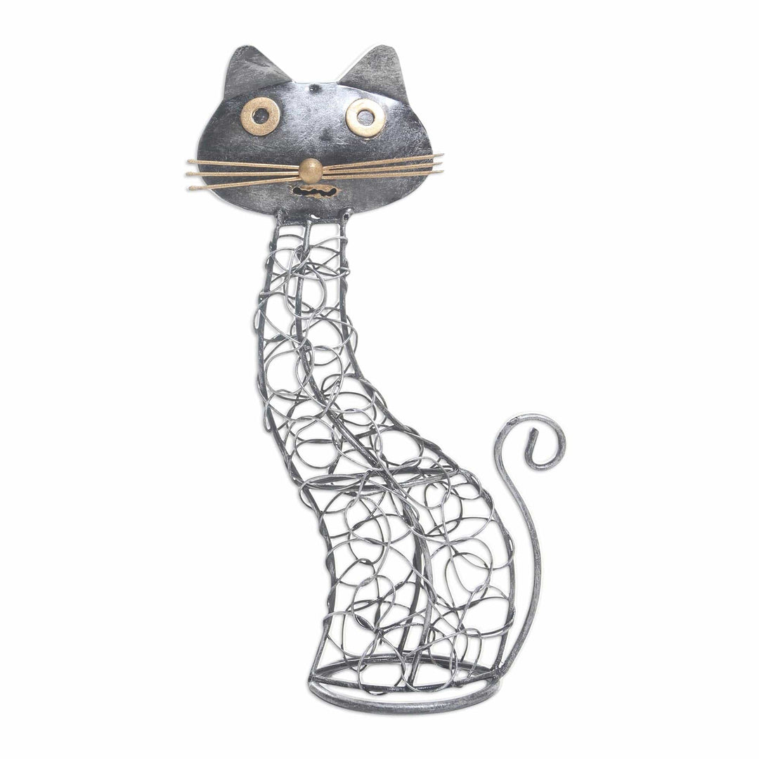 Wrought Iron Black Cat-Themed Statuette - Slinky Cat