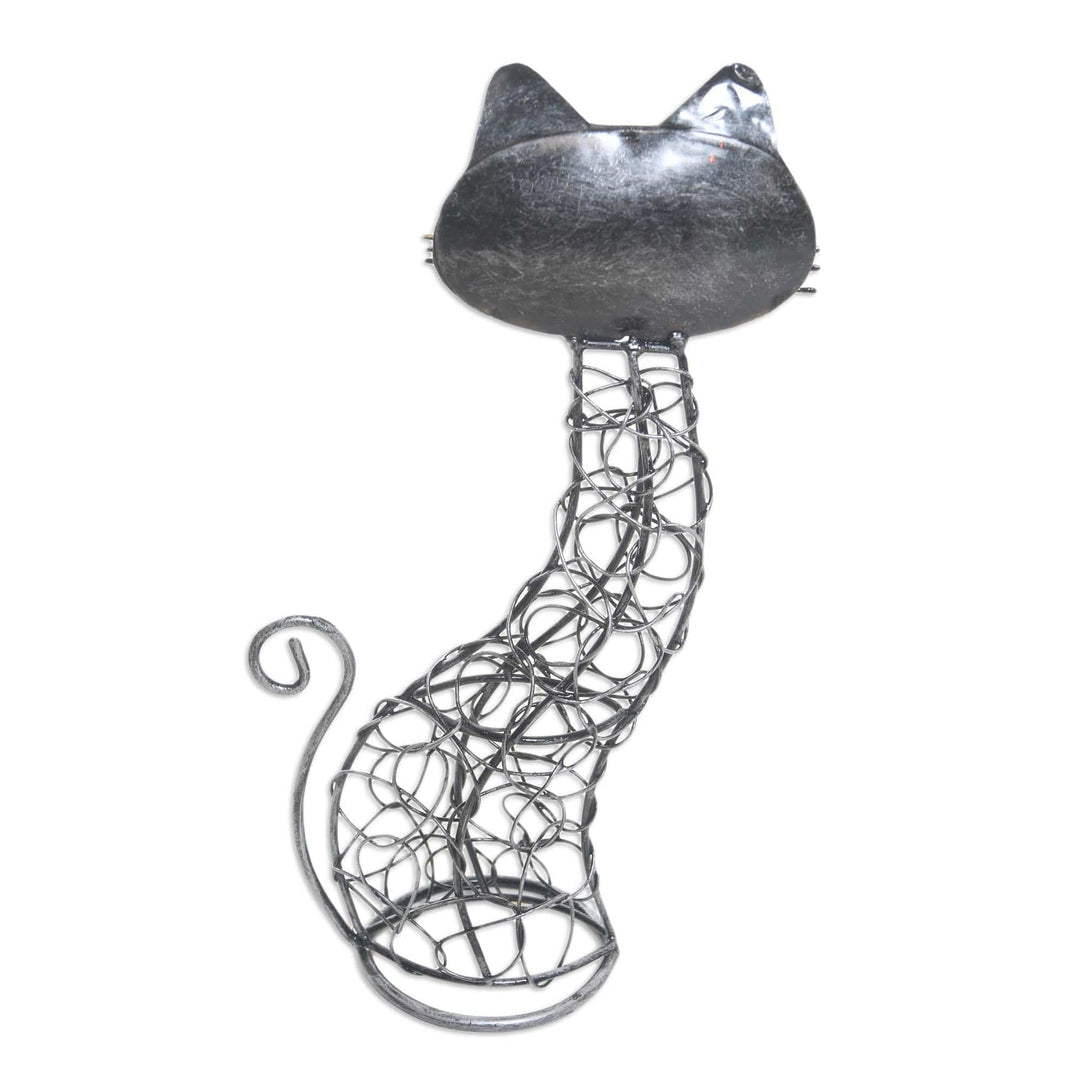 Wrought Iron Black Cat-Themed Statuette - Slinky Cat