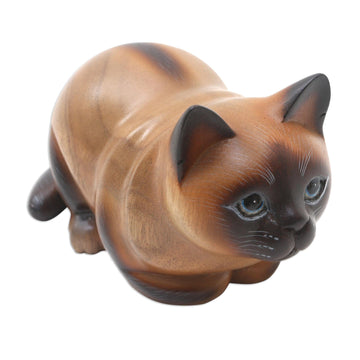 Suar Wood Statuette - Fat Cat in Brown