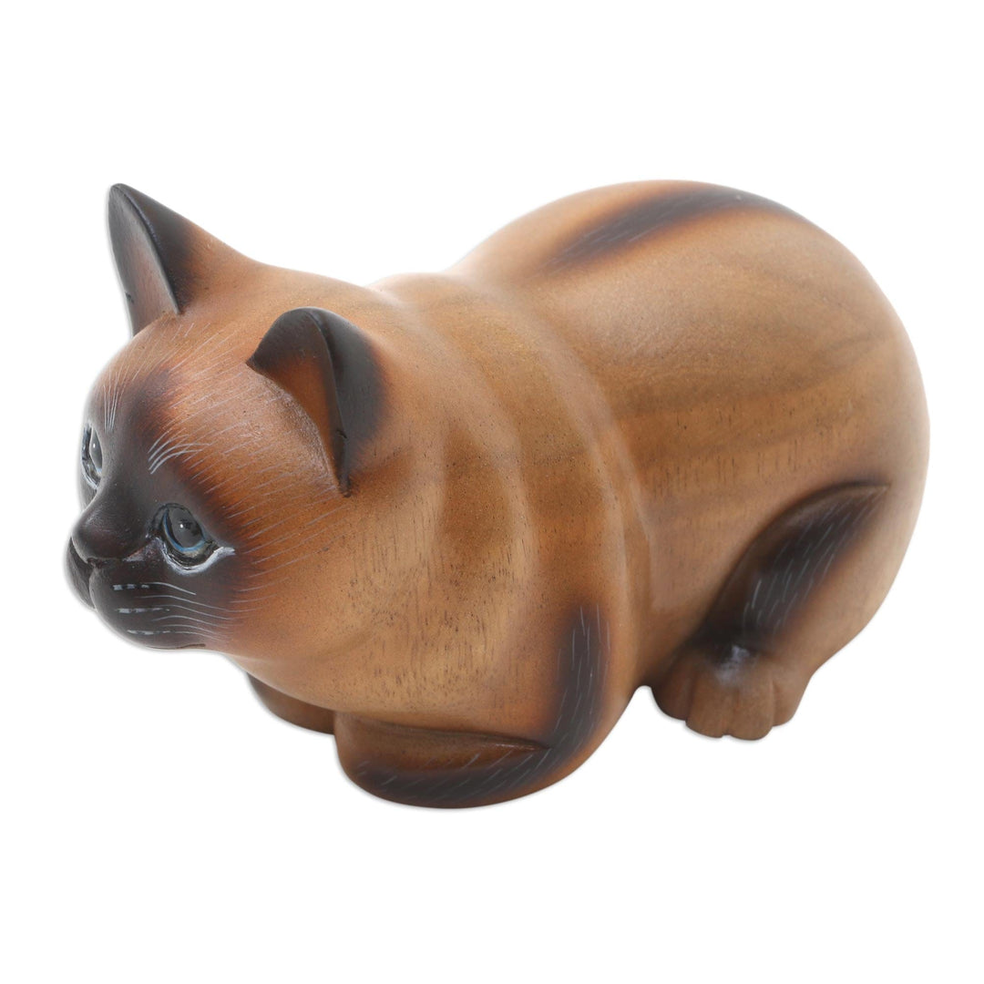 Suar Wood Statuette - Fat Cat in Brown
