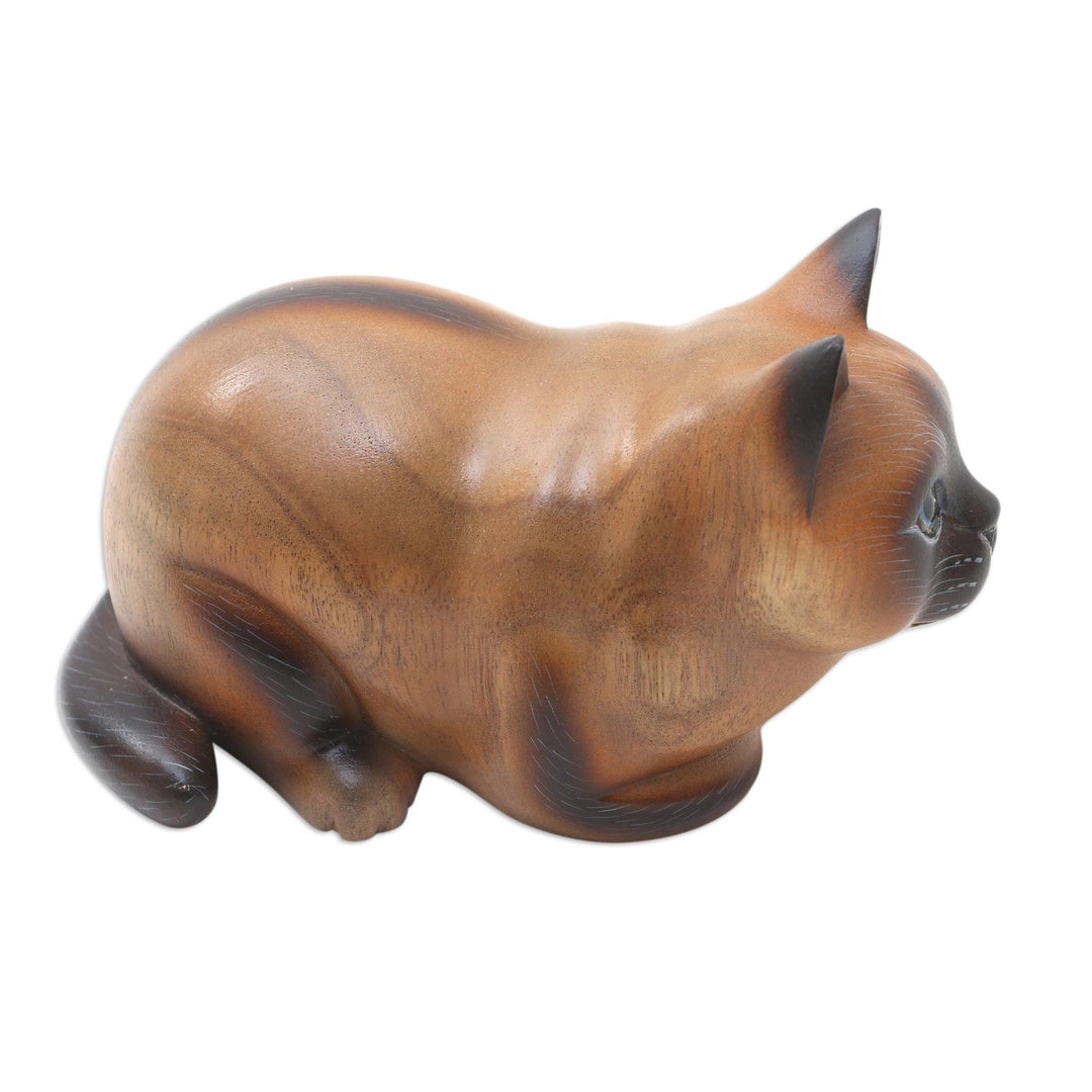 Suar Wood Statuette - Fat Cat in Brown