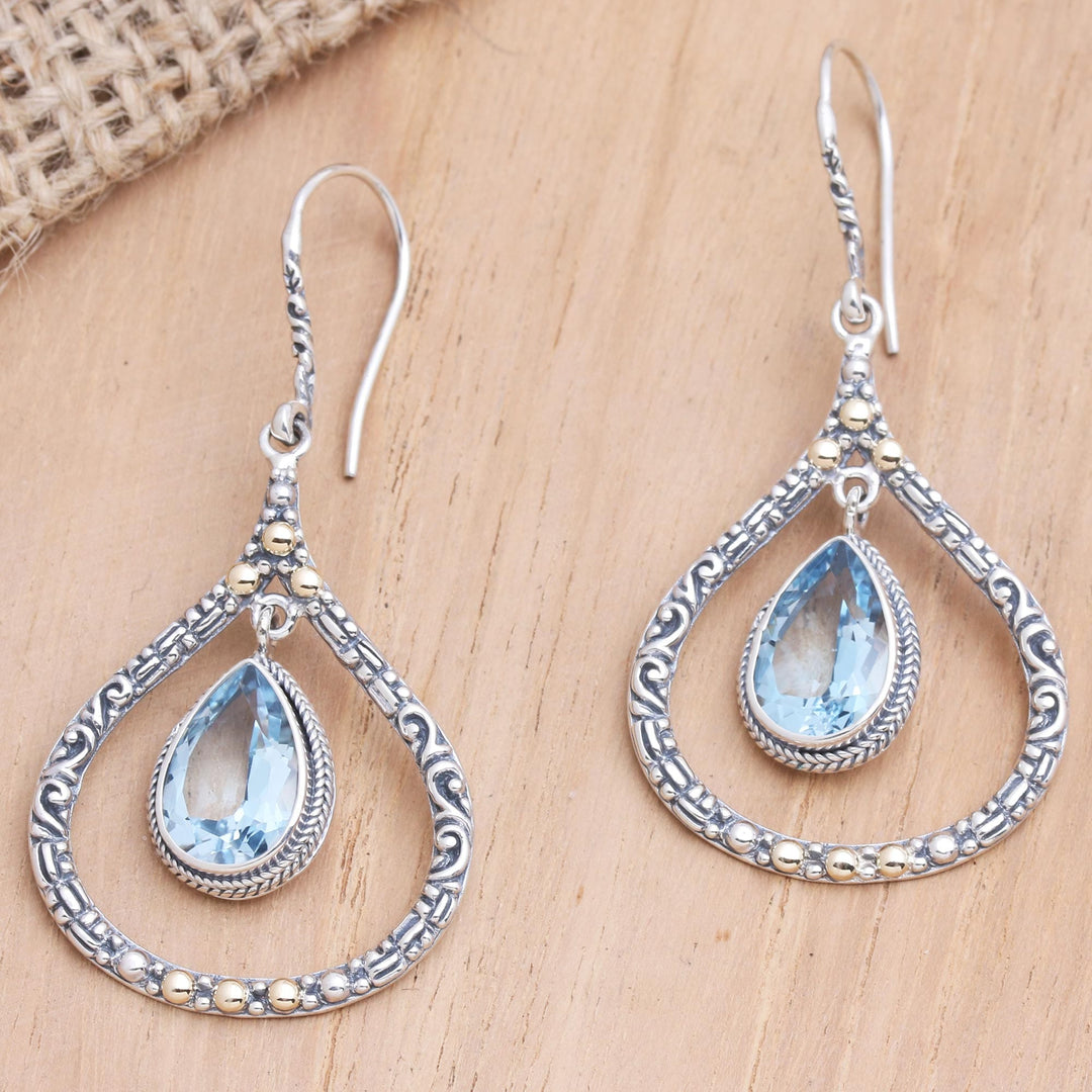 Gold-Accented Blue Topaz Dangle Earrings - Clear Eyes in Sky