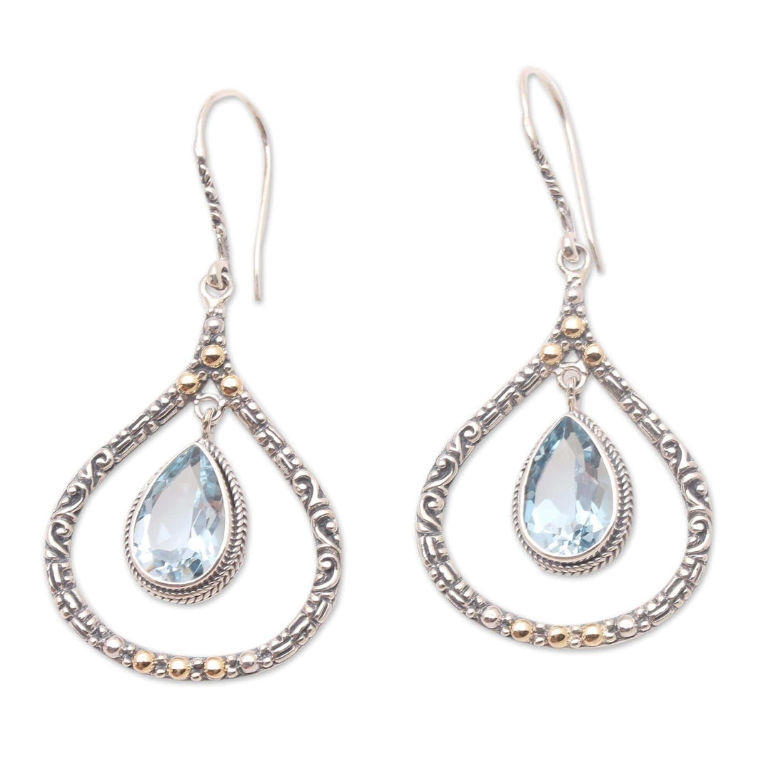 Gold-Accented Blue Topaz Dangle Earrings - Clear Eyes in Sky