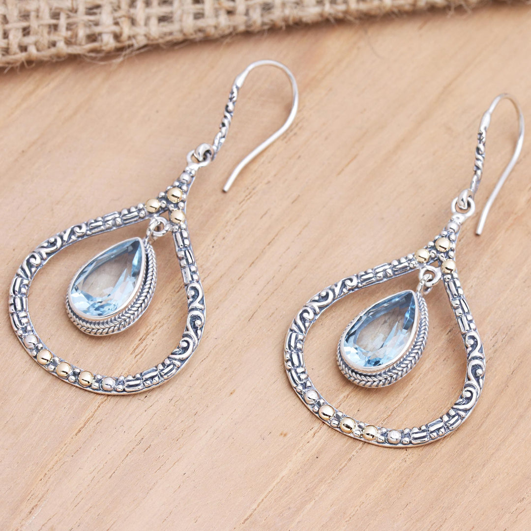Gold-Accented Blue Topaz Dangle Earrings - Clear Eyes in Sky