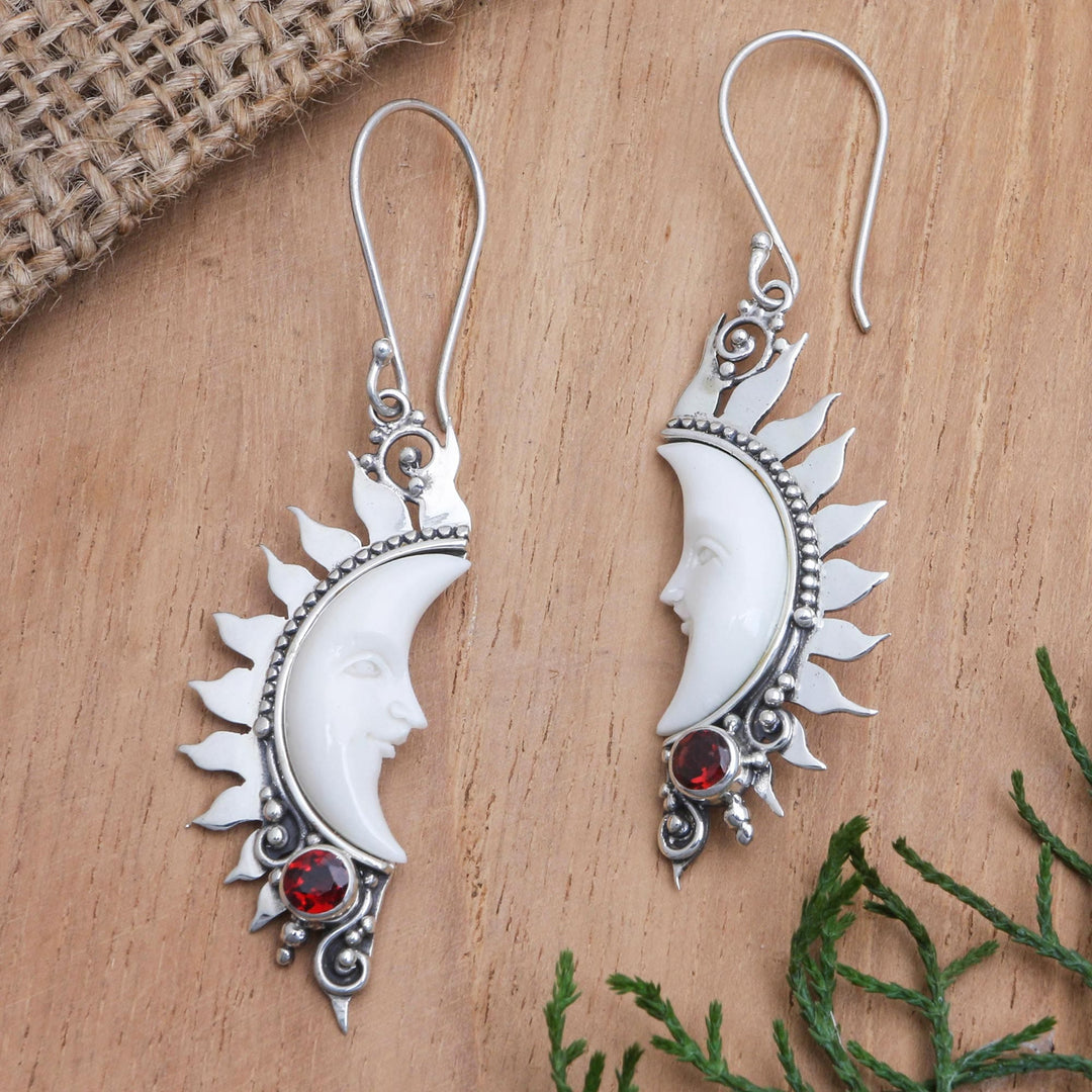 Crescent Moon Garnet Dangle Earrings - Love in the Moonlight