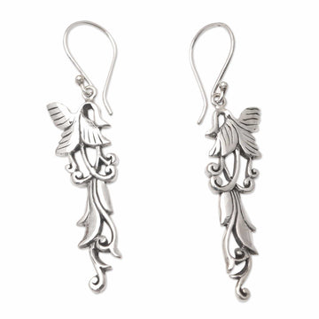 Sterling Silver Dangle Earrings with Floral Motif - Shimmering Tendrils