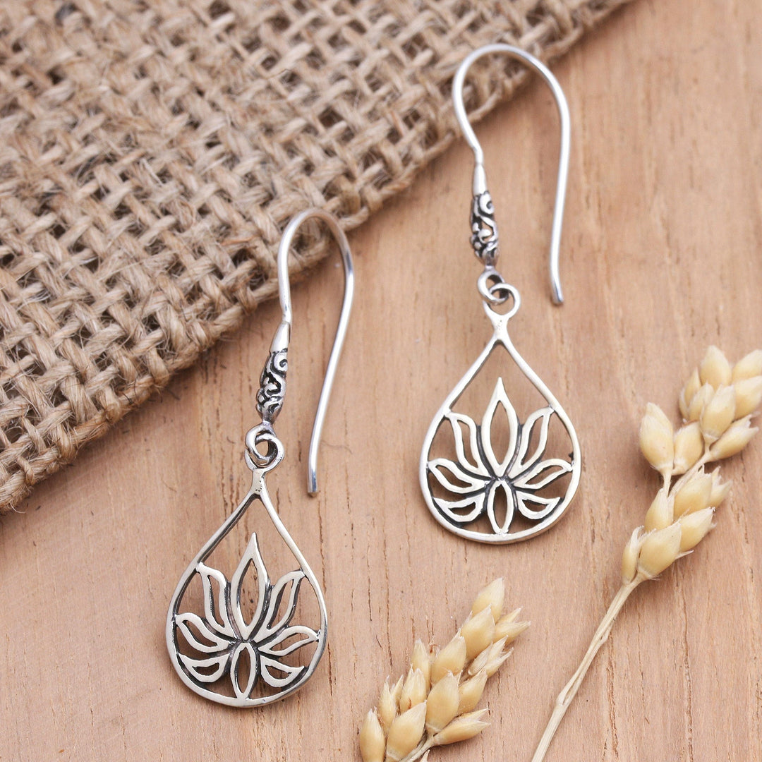 Sterling Silver Dangle Earrings with Lotus Motif - Clasped Lotus