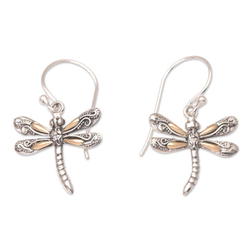 Gold Accented Sterling Silver Dragonfly Earrings - Shimmering Wings