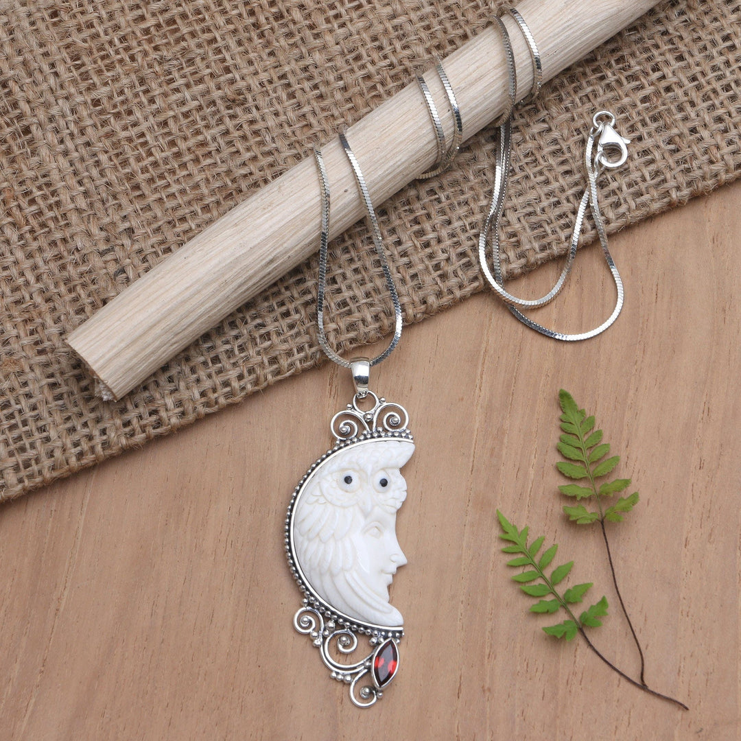 Sterling Silver Necklace with Garnet - Snowy Owl