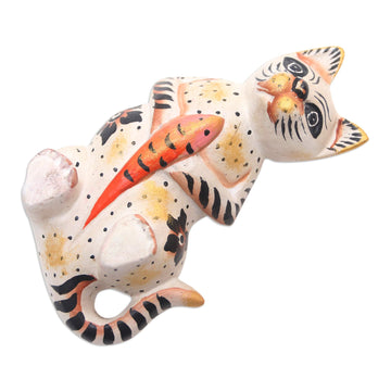 Suar Wood Cat Statuette - Cat and Koi