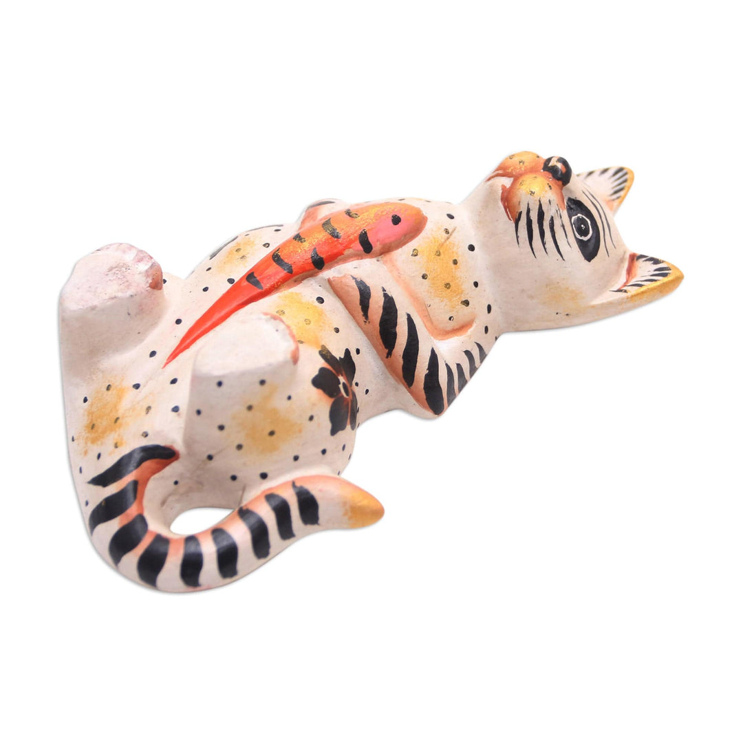 Suar Wood Cat Statuette - Cat and Koi