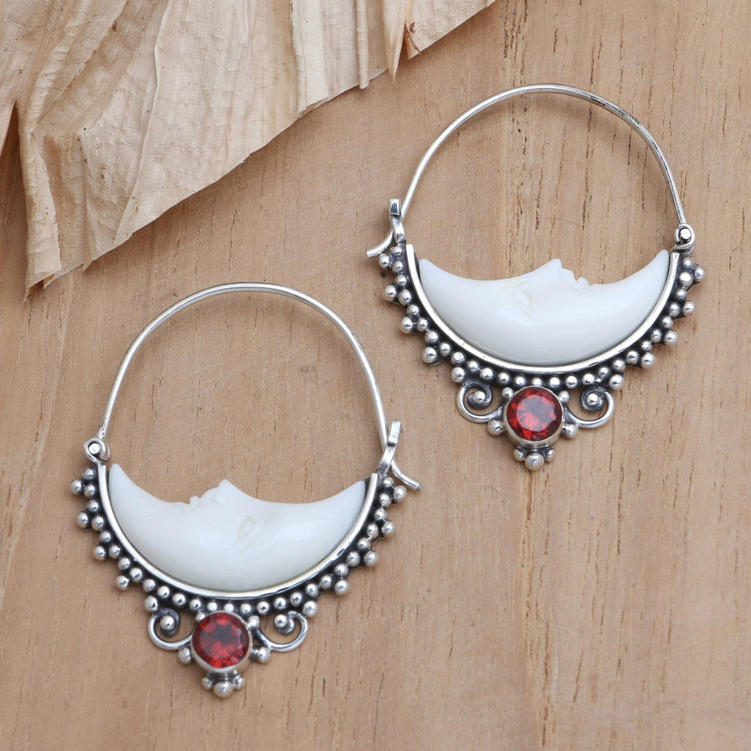 Garnet Hoop Earrings with Crescent Moon Motif - Slumbering Moon