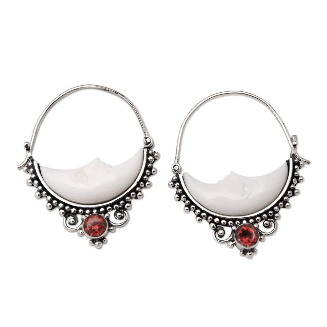 Garnet Hoop Earrings with Crescent Moon Motif - Slumbering Moon