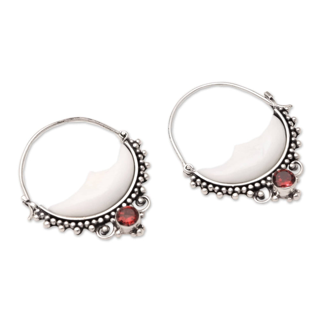 Garnet Hoop Earrings with Crescent Moon Motif - Slumbering Moon
